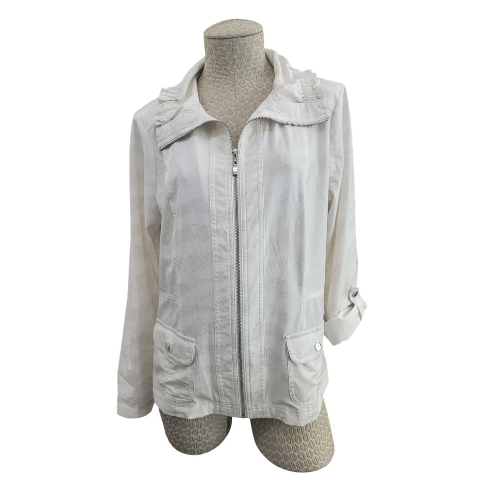 LAURA ASHLEY‎ M White Silver Roll Tab Long Sleeve Lightweight Jacket Zip Up EUC